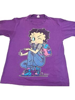 Vintage 90s Y2K Single Stitch Purple Betty Boop Winking Short Sleeve L